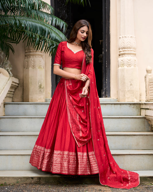 Red Color Plain With Zari Weaving Work Chanderi Lehenga Choli
