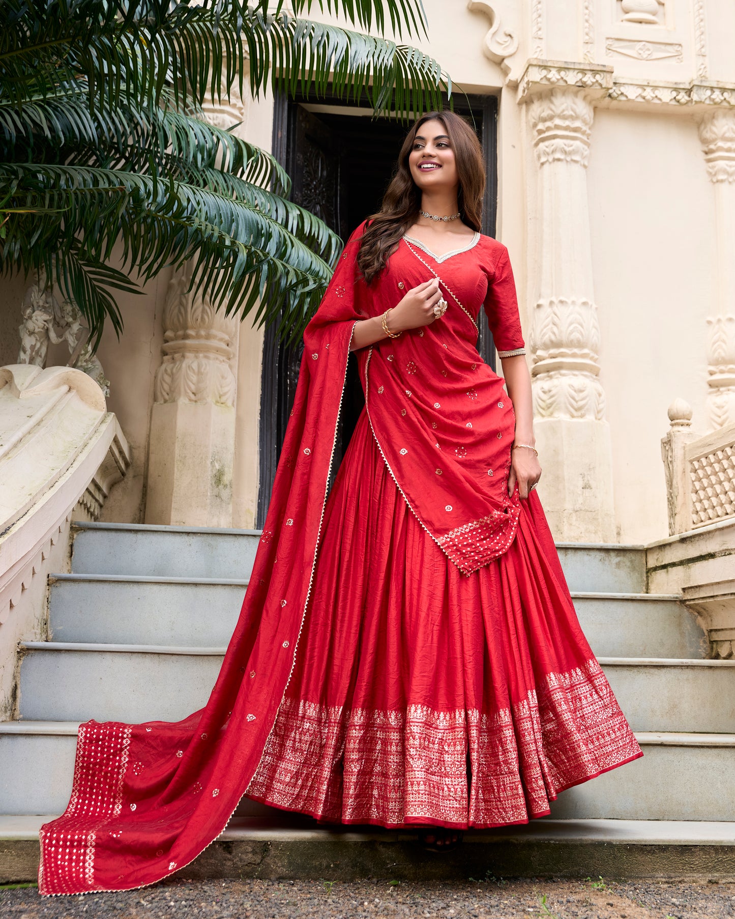 Red Color Plain With Zari Weaving Work Chanderi Lehenga Choli