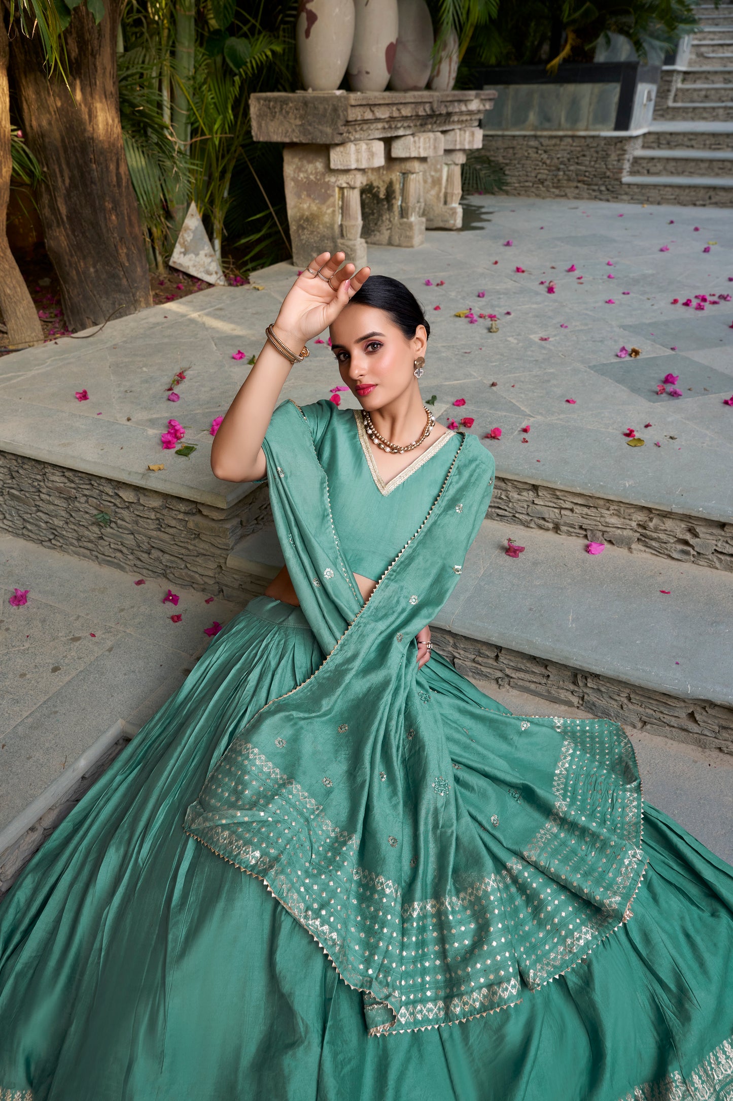 See Green Color Plain With Zari Weaving Work Border Chanderi Wedding Lehenga Choli