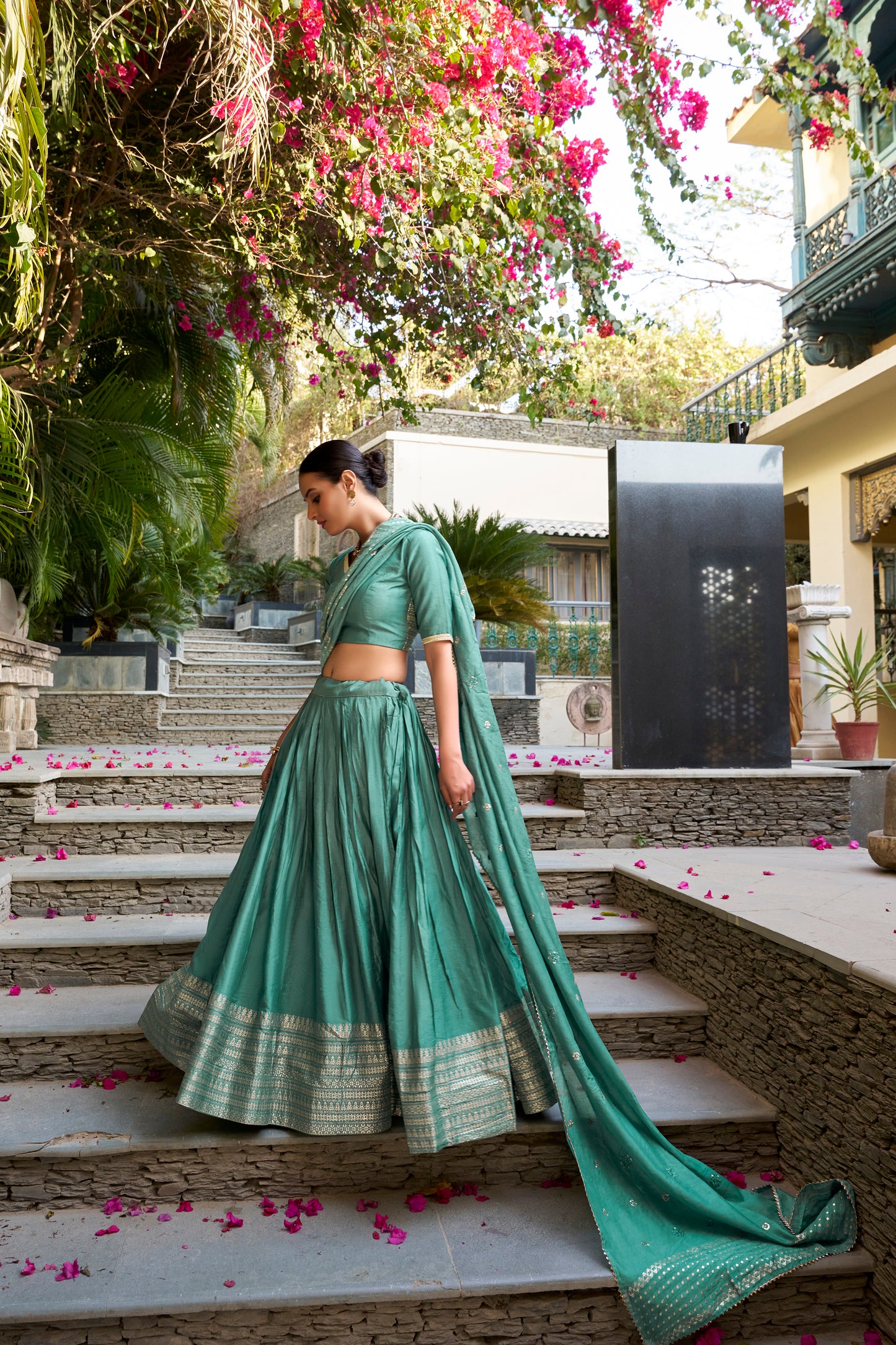 See Green Color Plain With Zari Weaving Work Border Chanderi Wedding Lehenga Choli