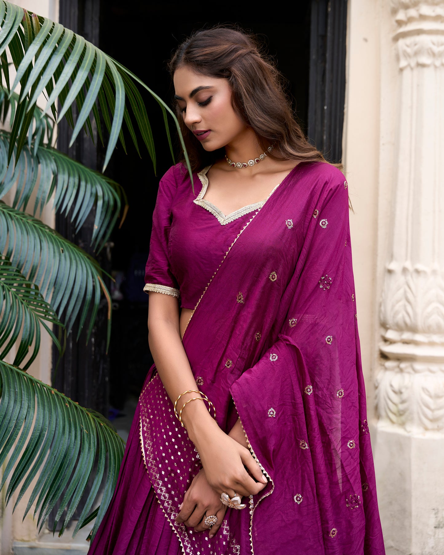Wine Color Plain With Zari Weaving Work Chanderi Lehenga Choli