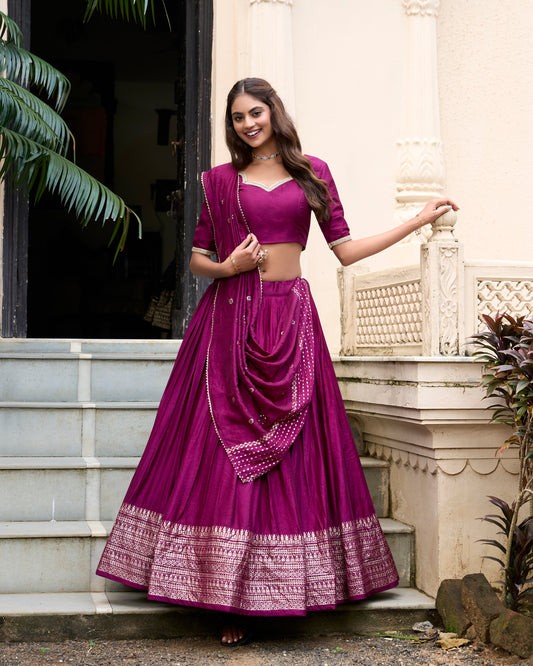 Wine Color Plain With Zari Weaving Work Chanderi Lehenga Choli