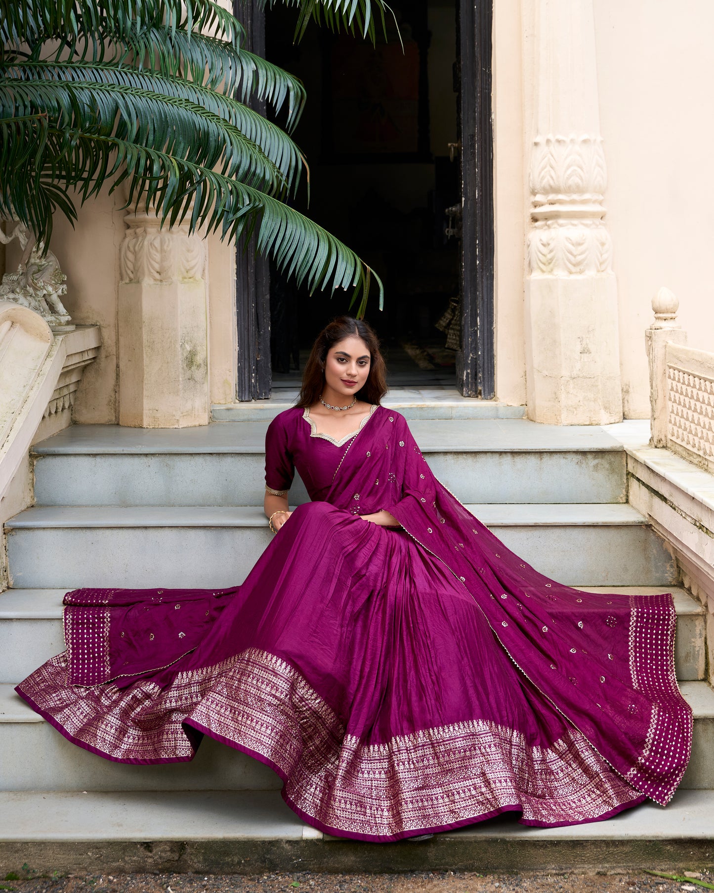 Wine Color Plain With Zari Weaving Work Chanderi Lehenga Choli