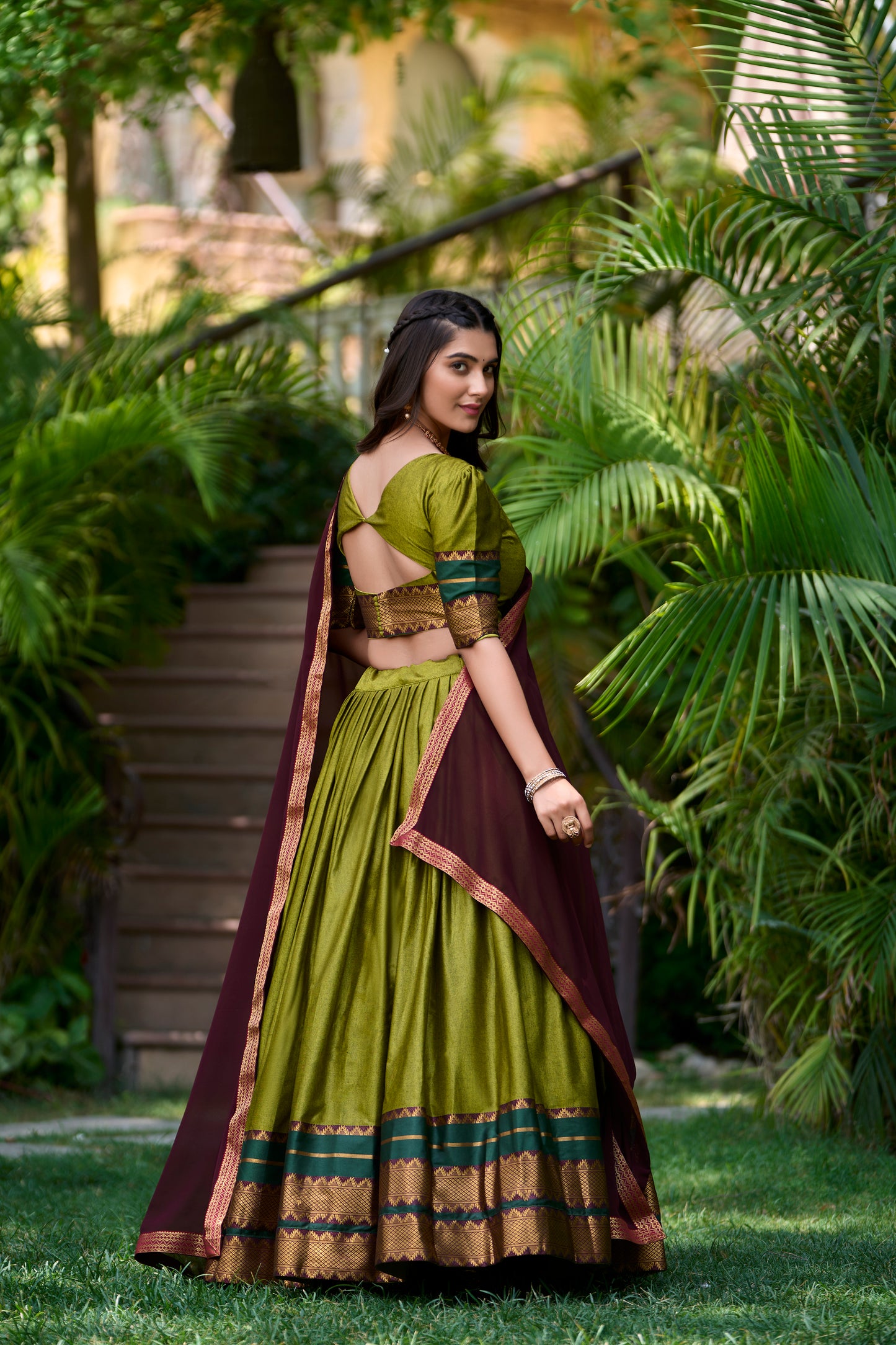 Olive Green Color Zari Weaving Work Cotton South Indian Lehenga Choli