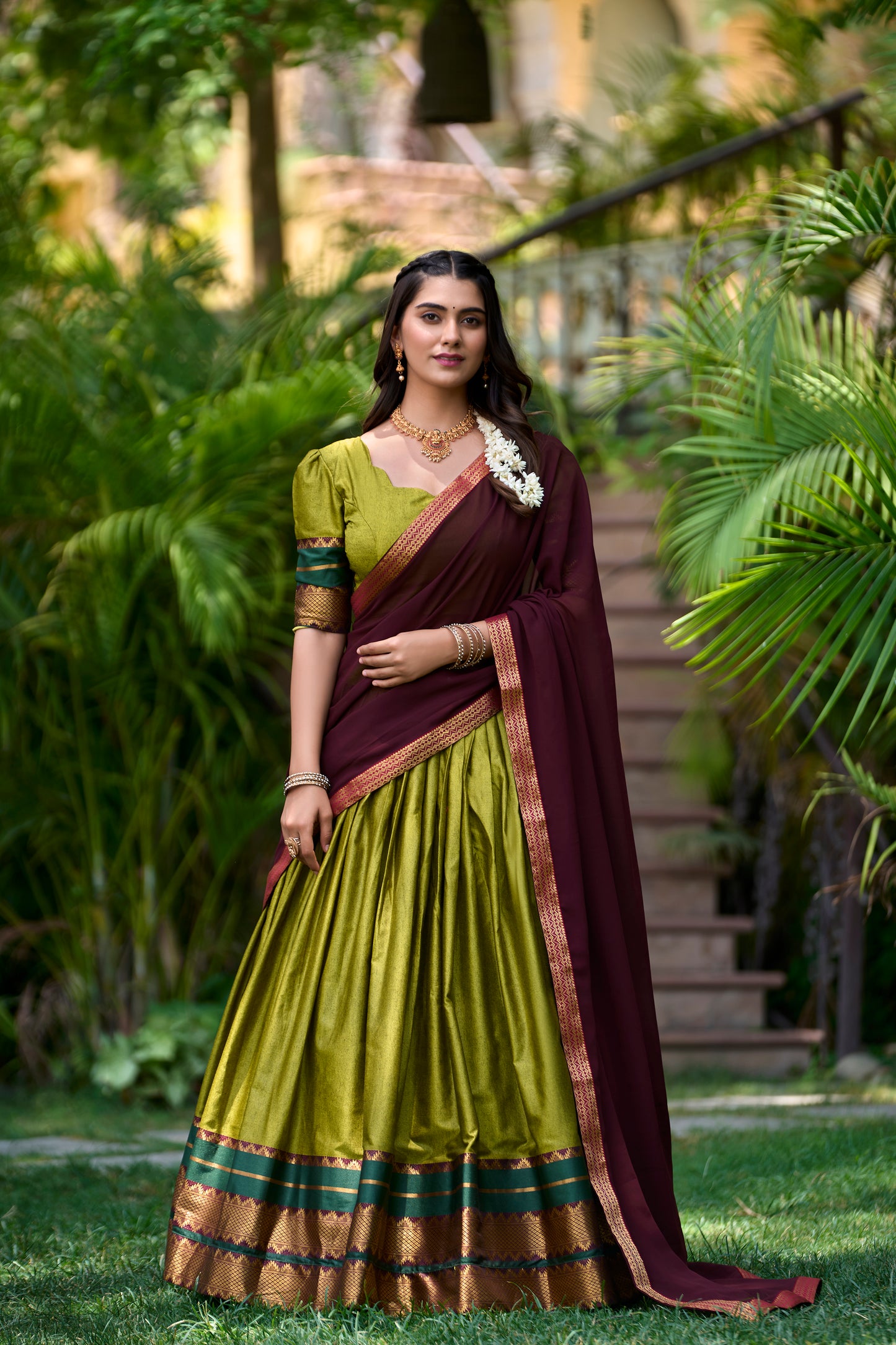 Olive Green Color Zari Weaving Work Cotton South Indian Lehenga Choli
