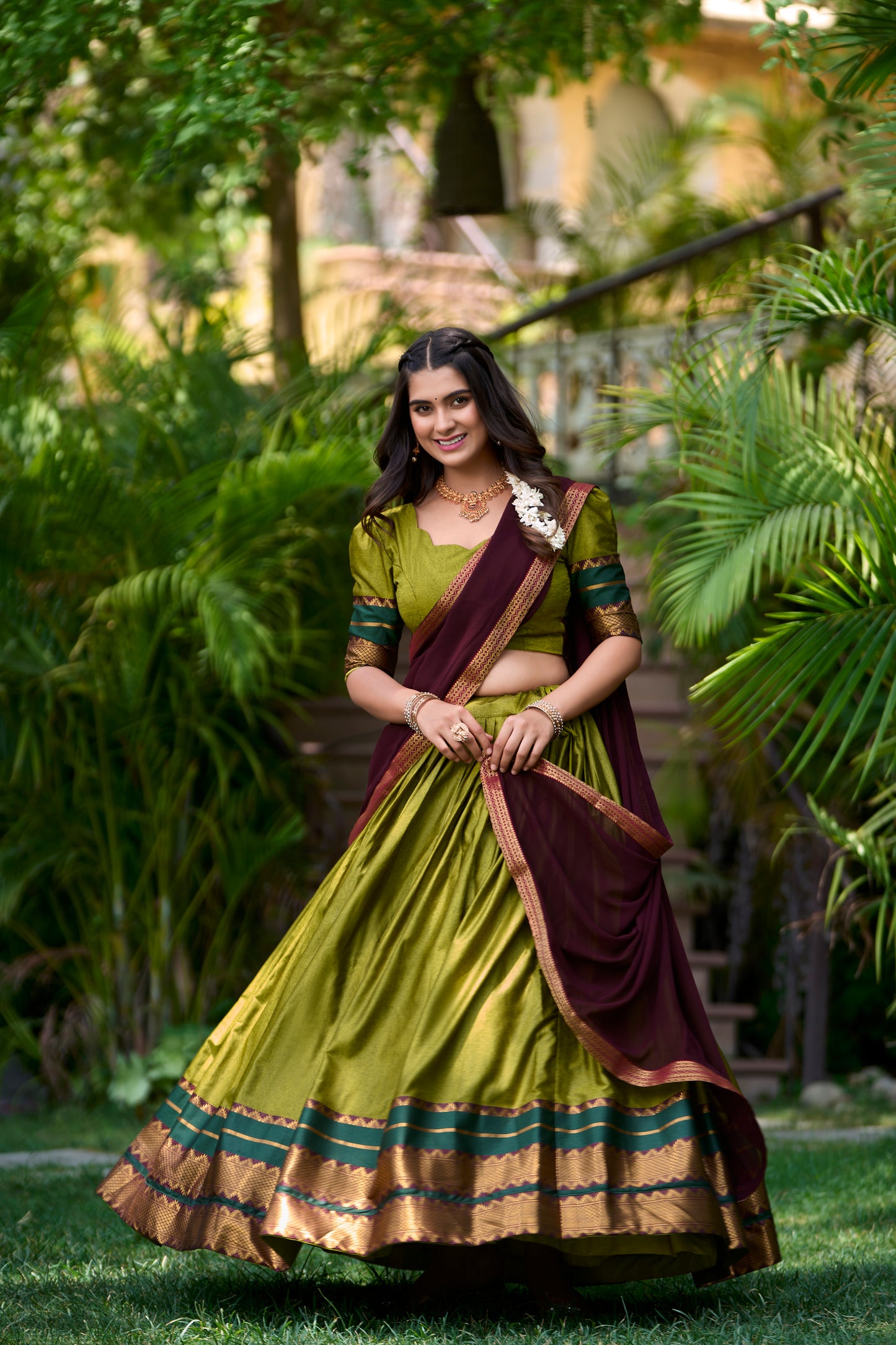 Olive Green Color Zari Weaving Work Cotton South Indian Lehenga Choli