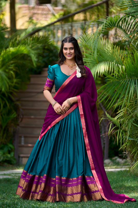 Teal Color Zari Weaving Work Cotton Lehenga Choli