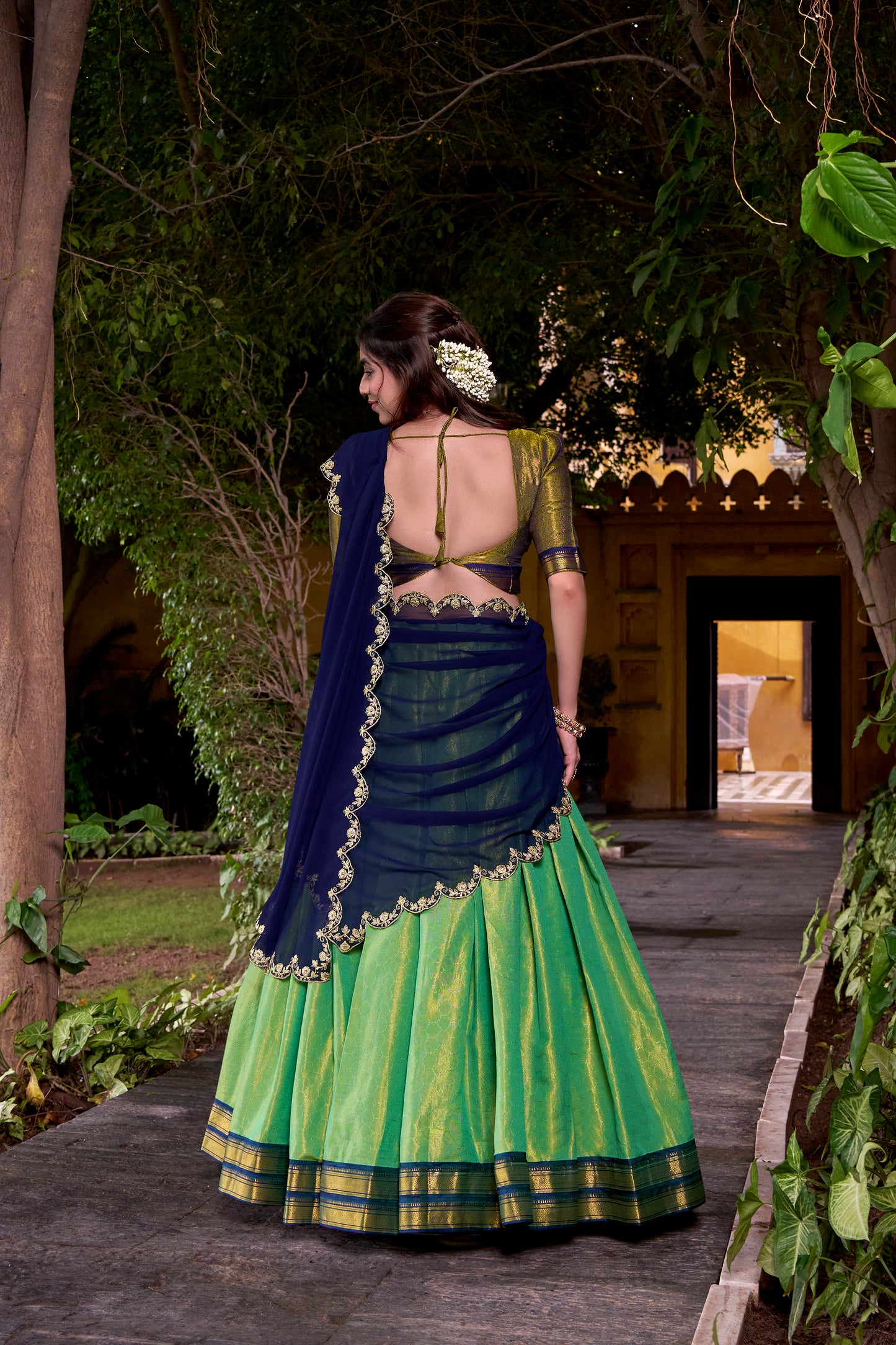 Navy Blue Color Sequince And Thread Embroidery Work Kanchipuram Lehenga Choli
