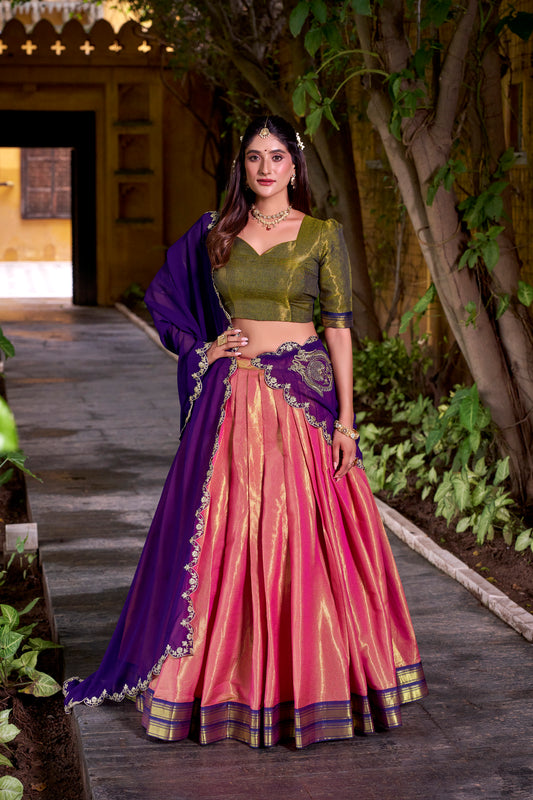 Purple Color Sequince And Thread Embroidery Work Kanchipuram Lehenga Choli