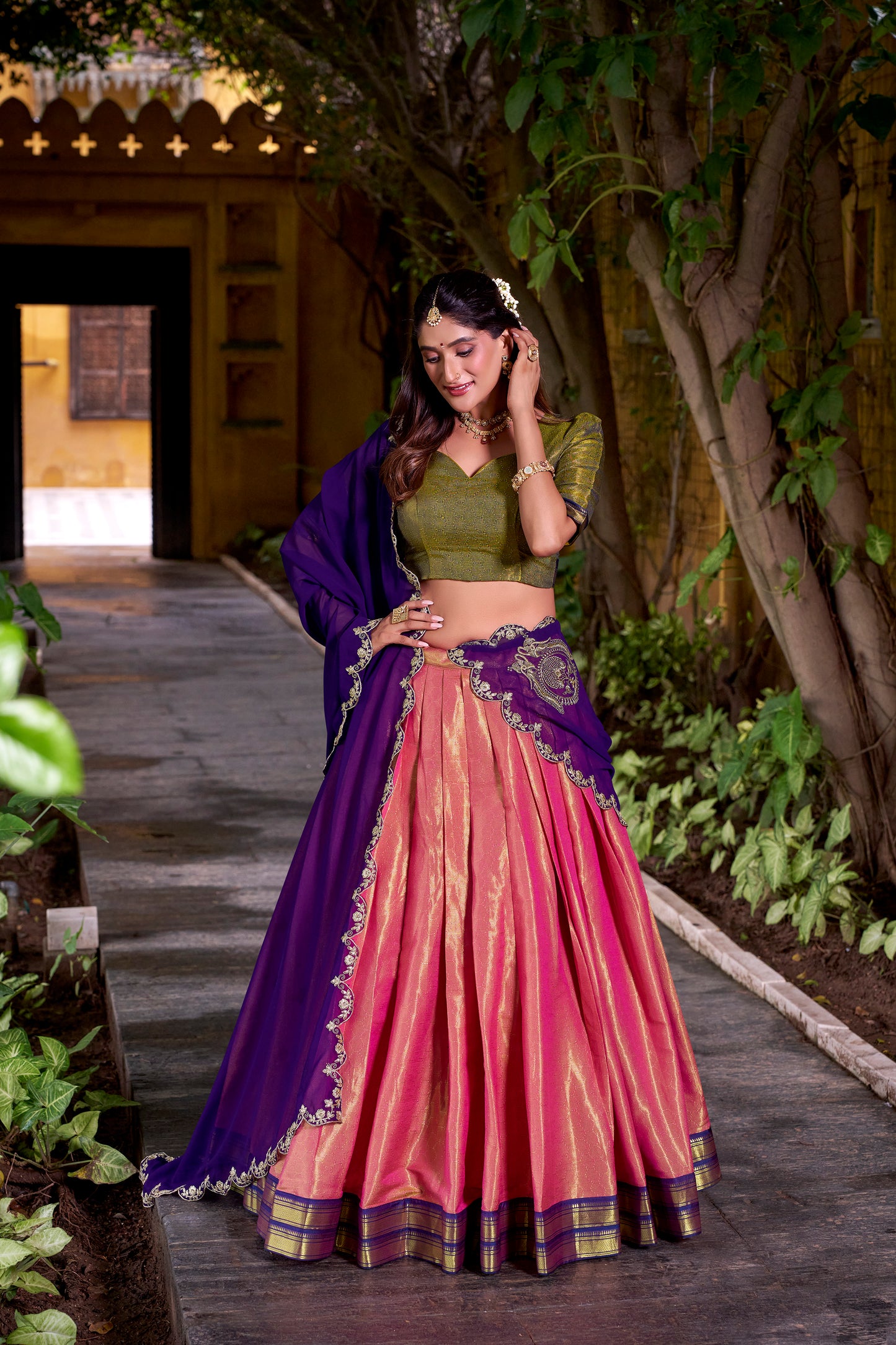 Purple Color Sequince And Thread Embroidery Work Kanchipuram Lehenga Choli