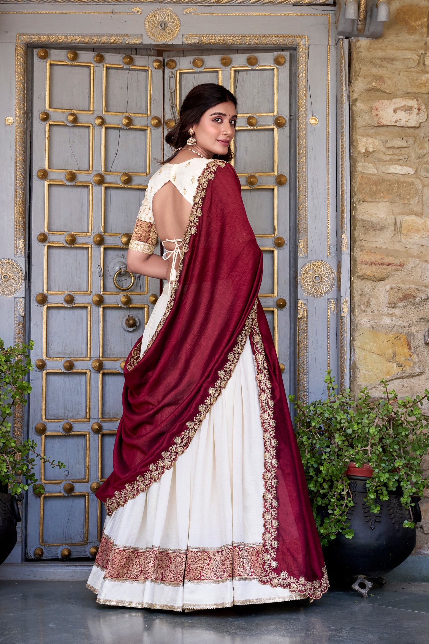 Off White Color Zari Weaving Work Lace Border Vichitra Silk Lehenga Choli