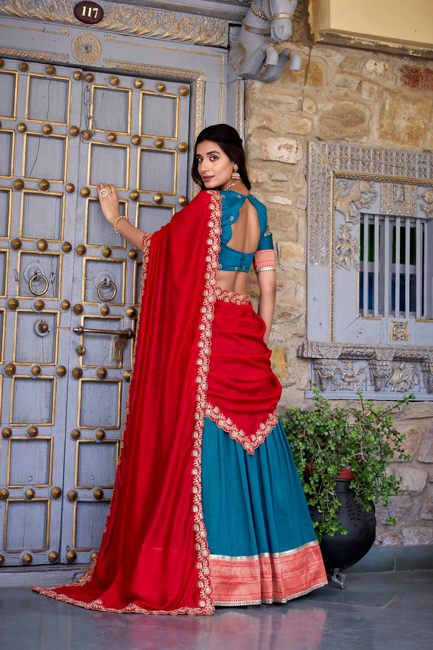 Teal Color Zari Weaving Work Lace Border Vichitra Silk Lehenga Choli
