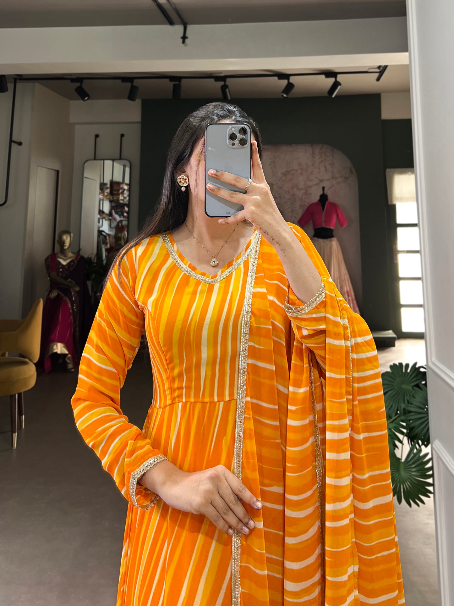 Yellow Color Leheriya With Lace Touch Up Georgette Gown