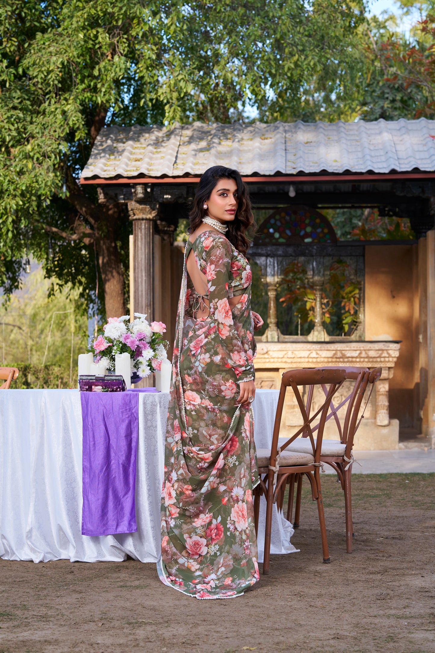 Mehendi Color Weightless Marbal Printed With Pearl Lace Border