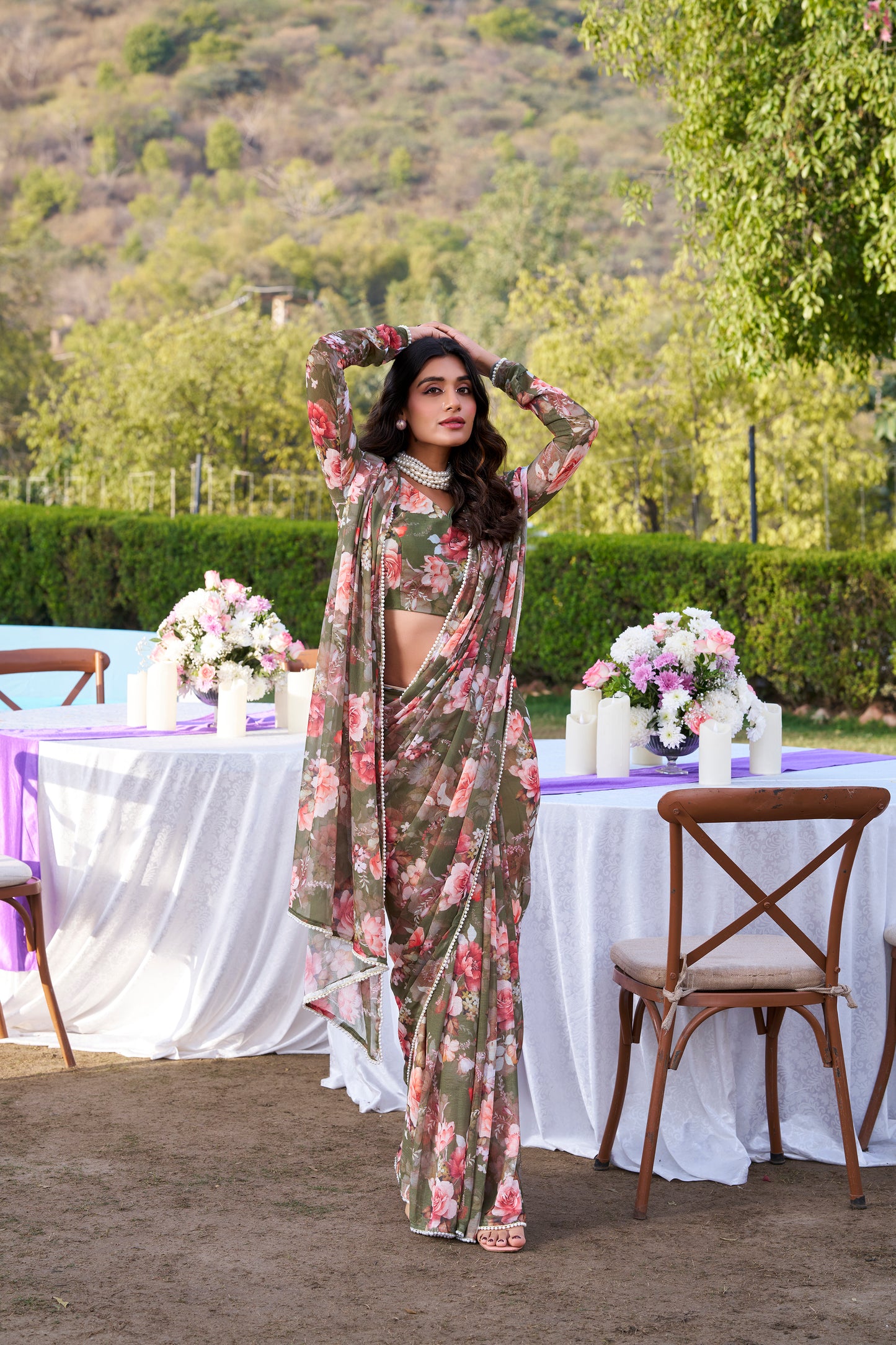 Mehendi Color Weightless Marbal Printed With Pearl Lace Border