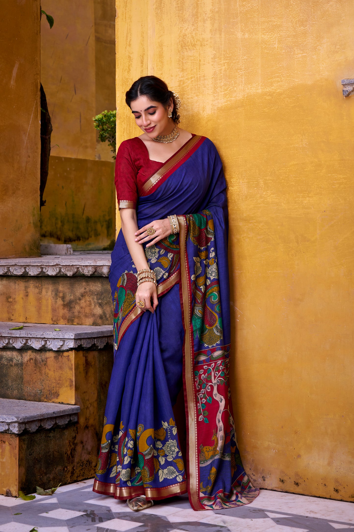 Blue Color  Polyester Viscose Chanderi  Kalamkari Print With Zari Weaving Work