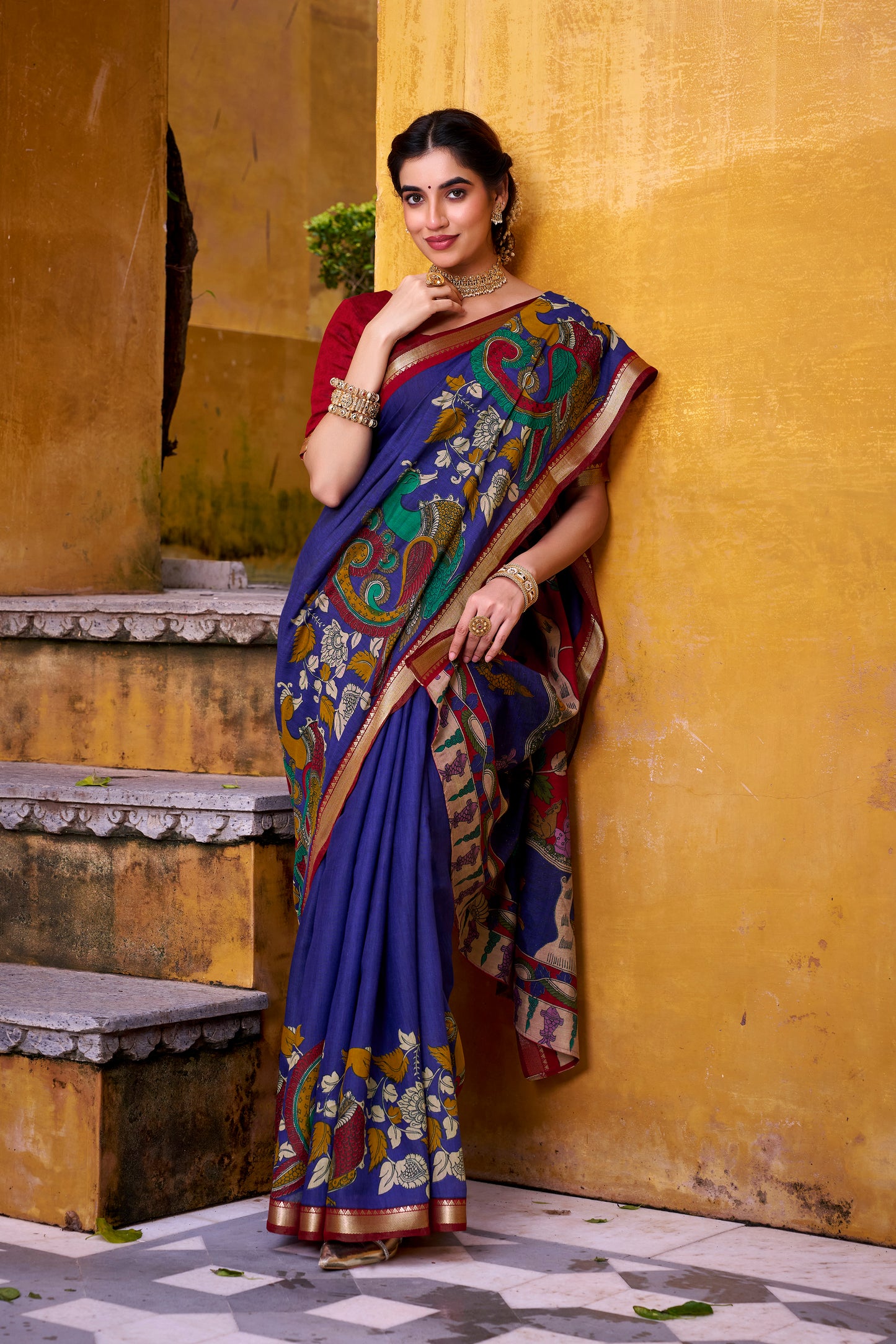 Blue Color  Polyester Viscose Chanderi  Kalamkari Print With Zari Weaving Work