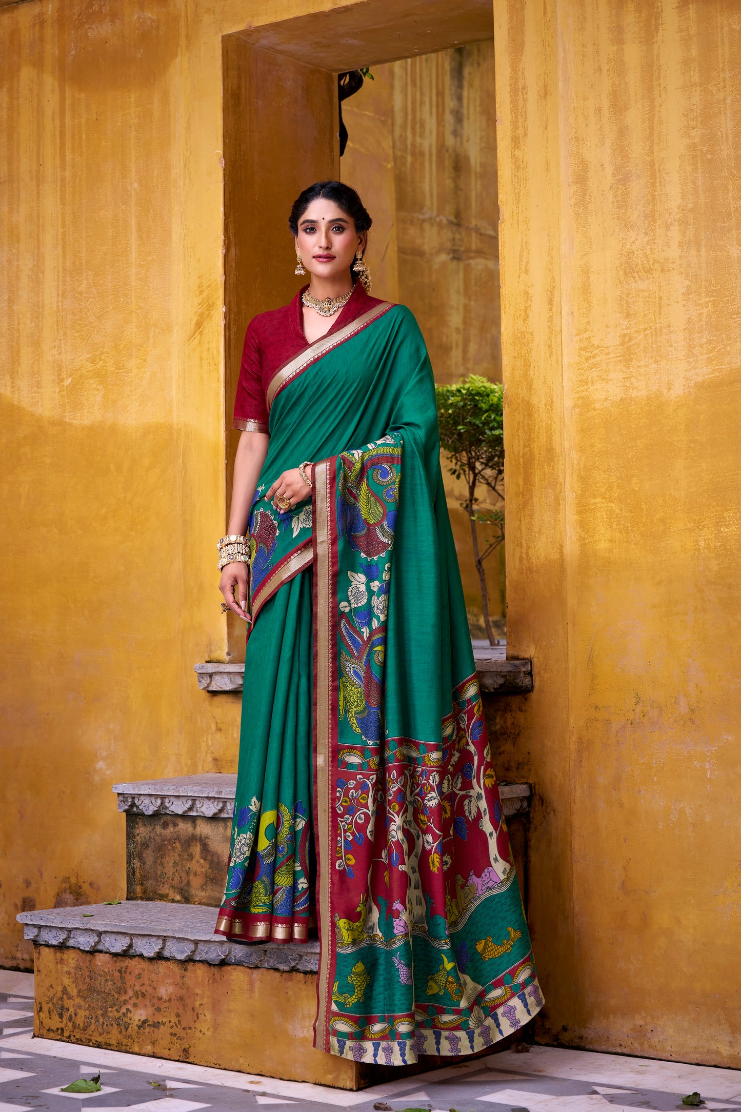 Firozi Color  Polyester Viscose Chanderi  Kalamkari Print With Zari Weaving Work