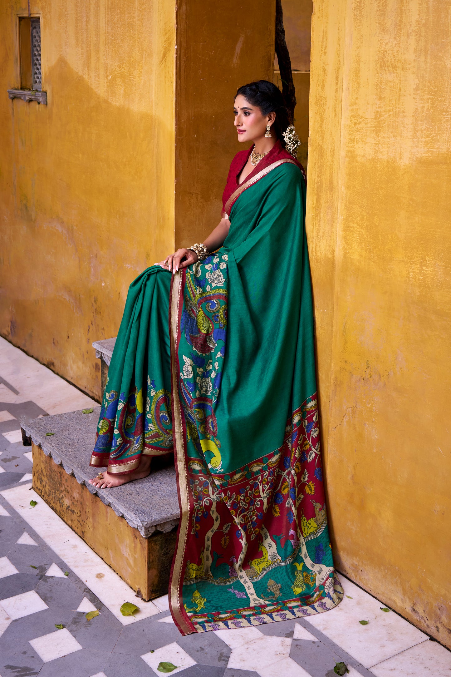 Firozi Color  Polyester Viscose Chanderi  Kalamkari Print With Zari Weaving Work