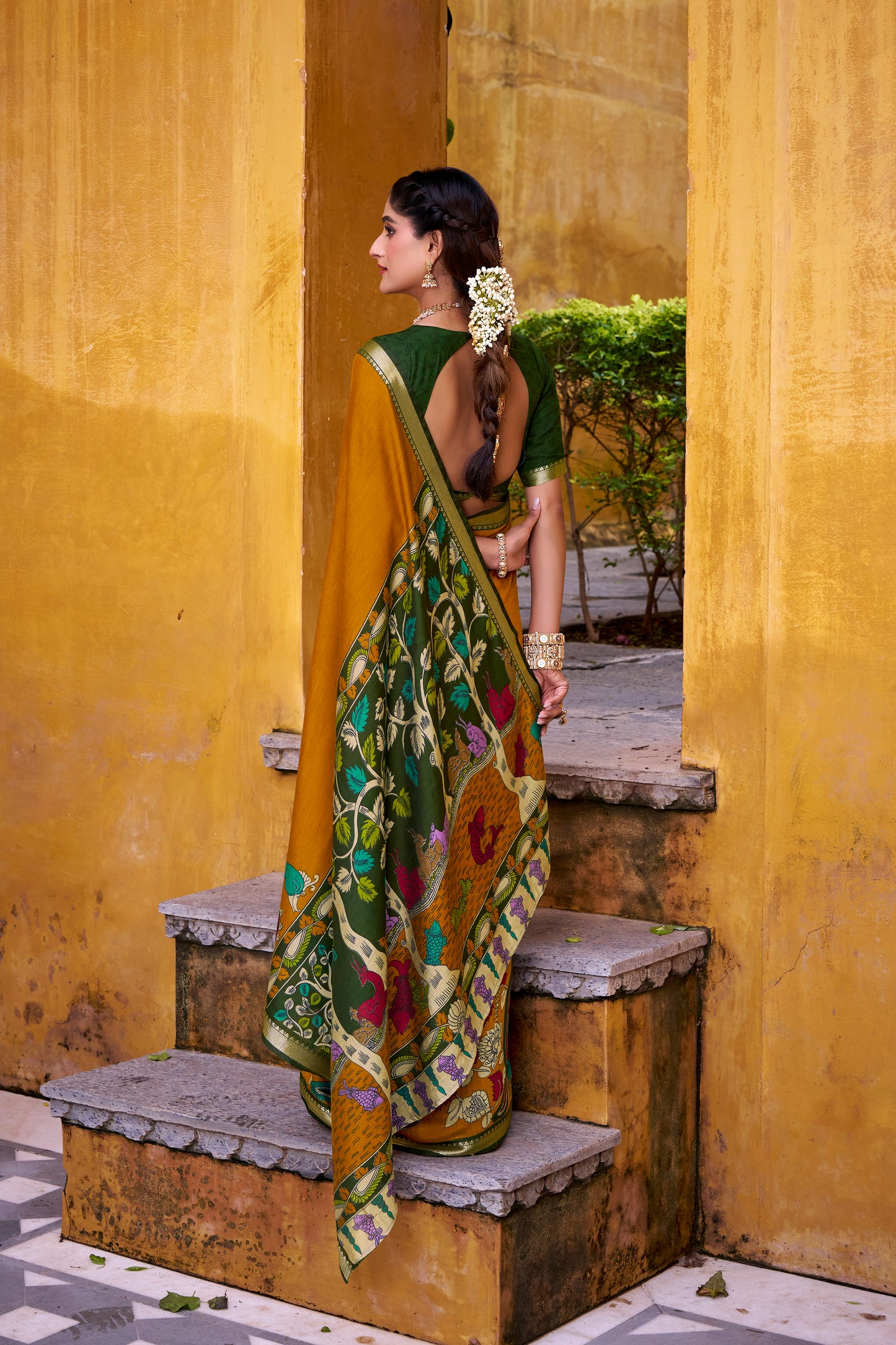 Mustard Color  Polyester Viscose Chanderi  Kalamkari Print With Zari Weaving Work