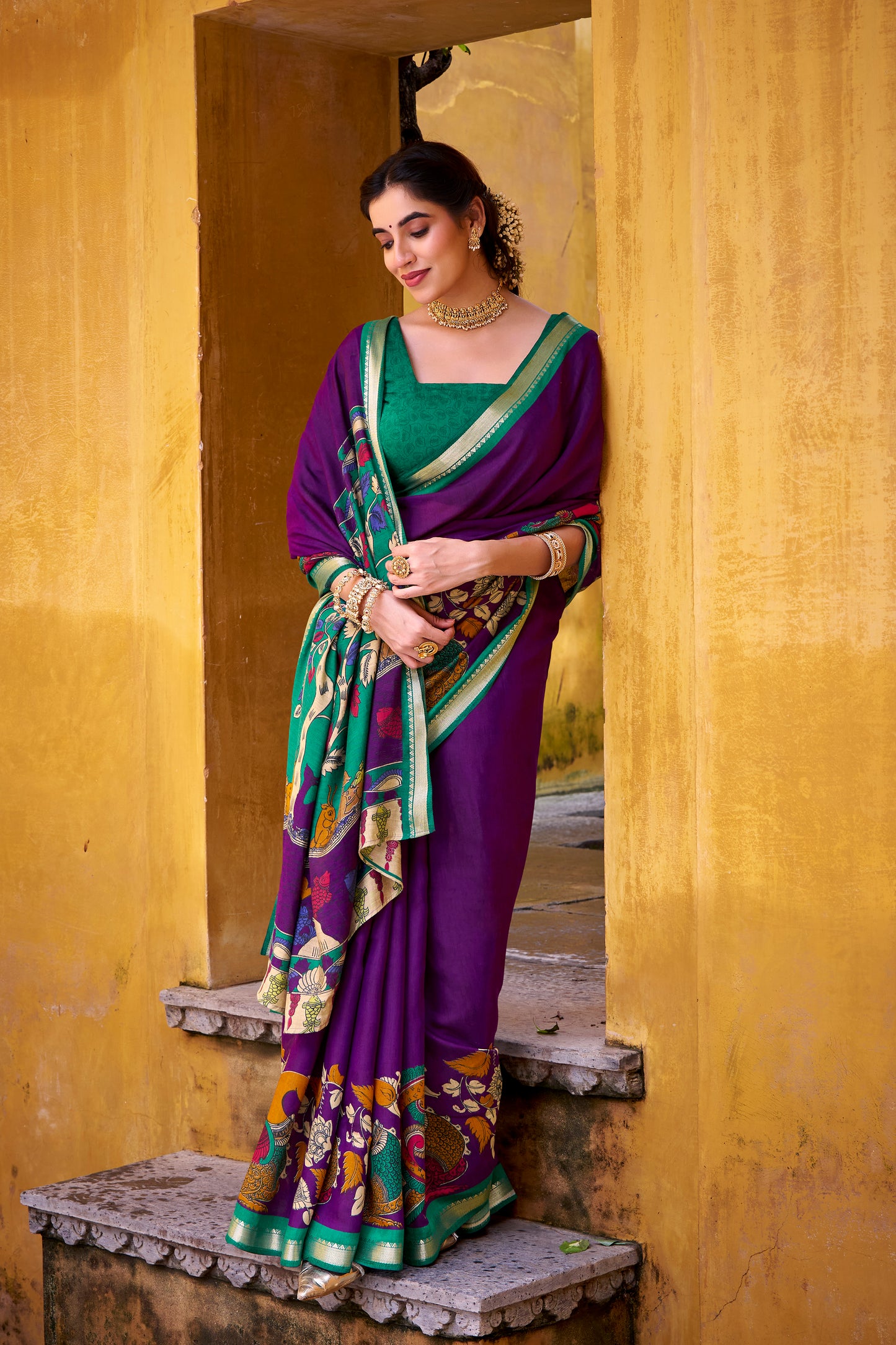 Purple Color  Polyester Viscose Chanderi  Kalamkari Print With Zari Weaving Work
