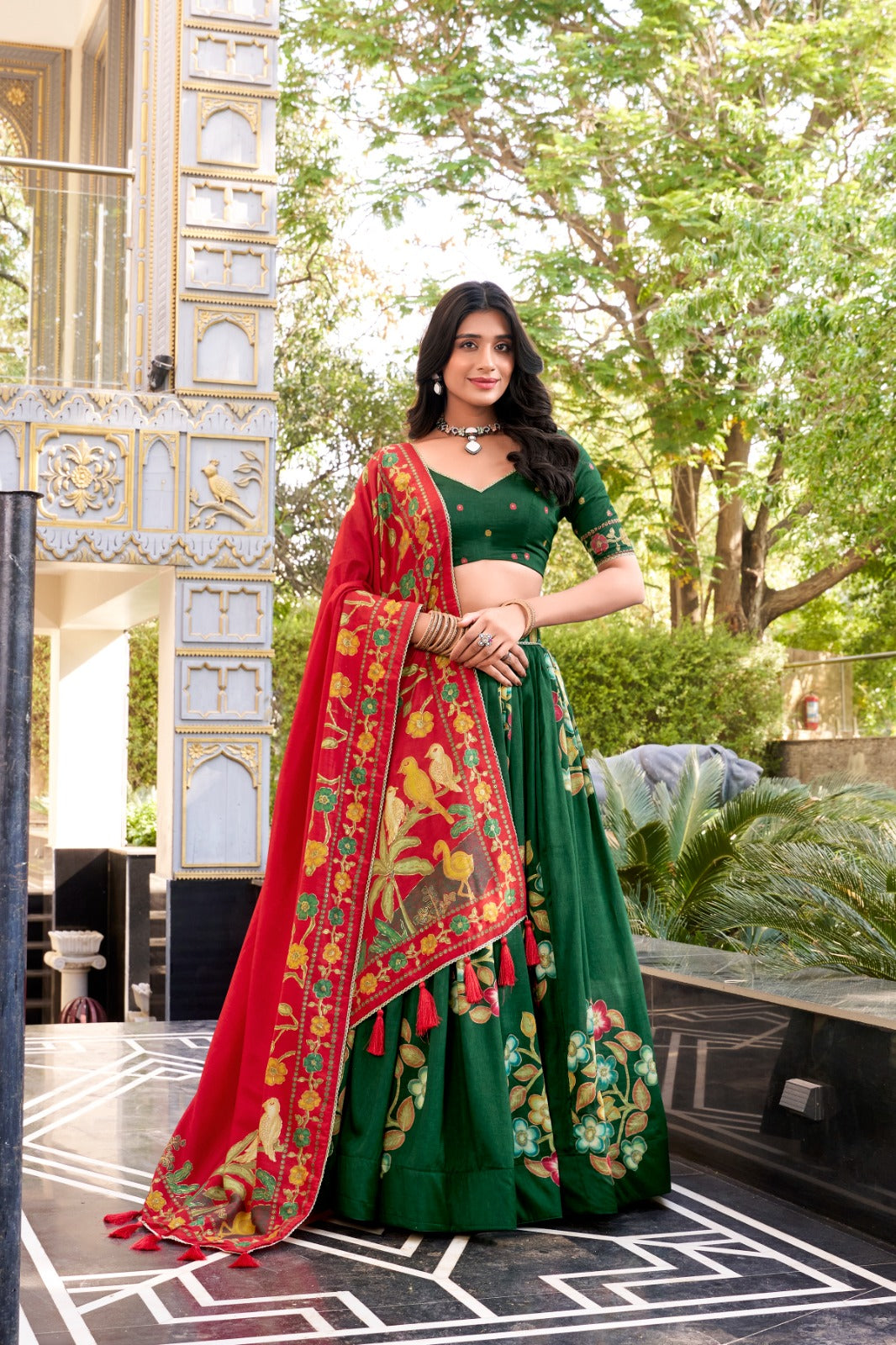 Green Color Printed And Foil Work Tussar Silk Lehenga Choli