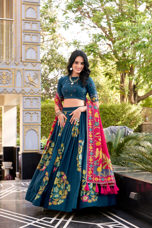 Peacock Blue Color Printed And Foil Work Tussar Silk Lehenga Choli