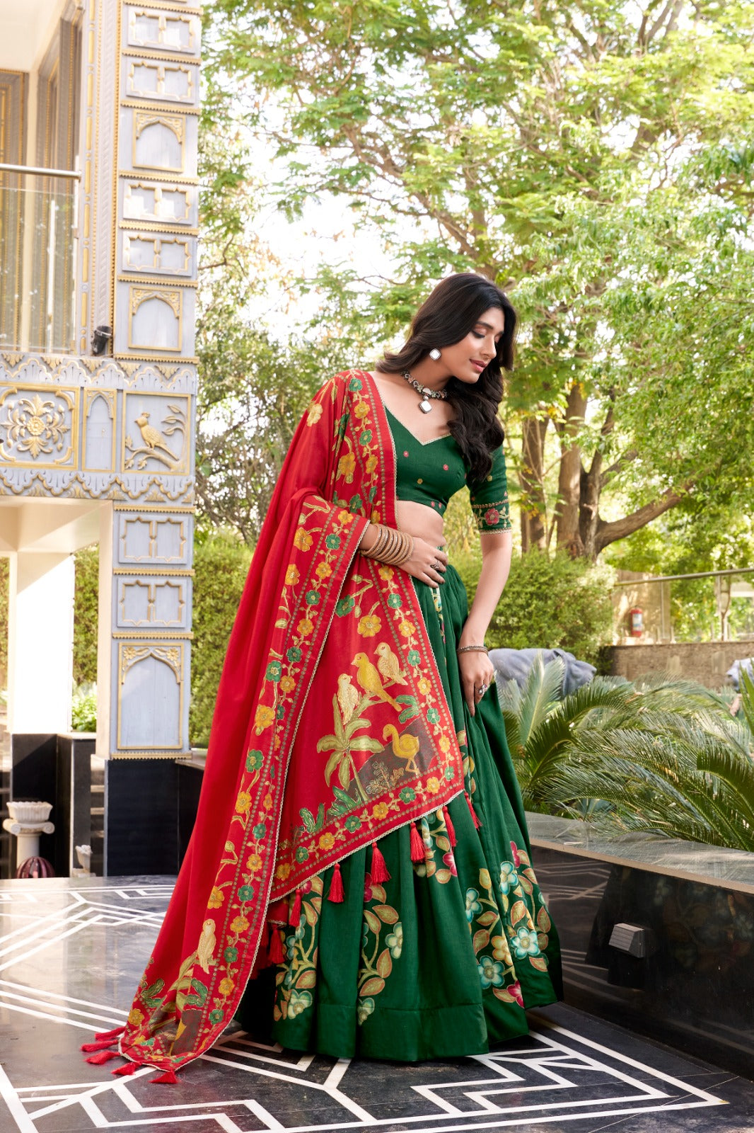 Green Color Printed And Foil Work Tussar Silk Lehenga Choli