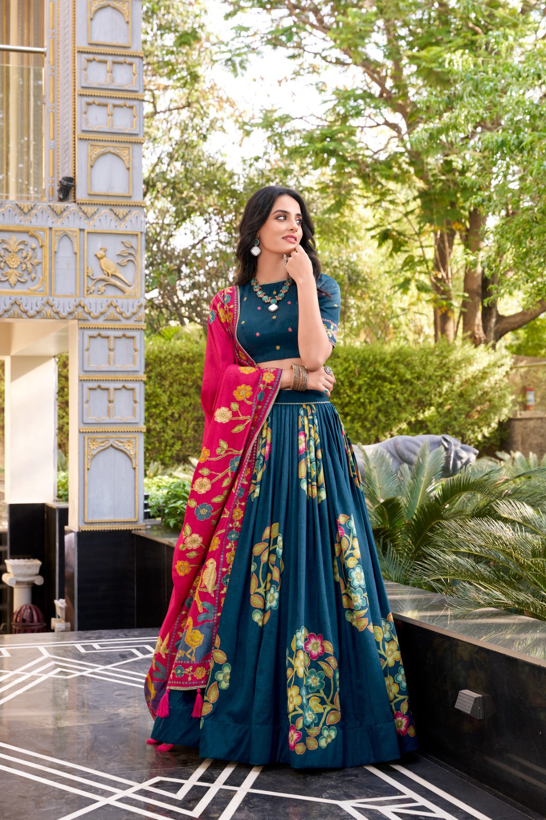 Peacock Blue Color Printed And Foil Work Tussar Silk Lehenga Choli