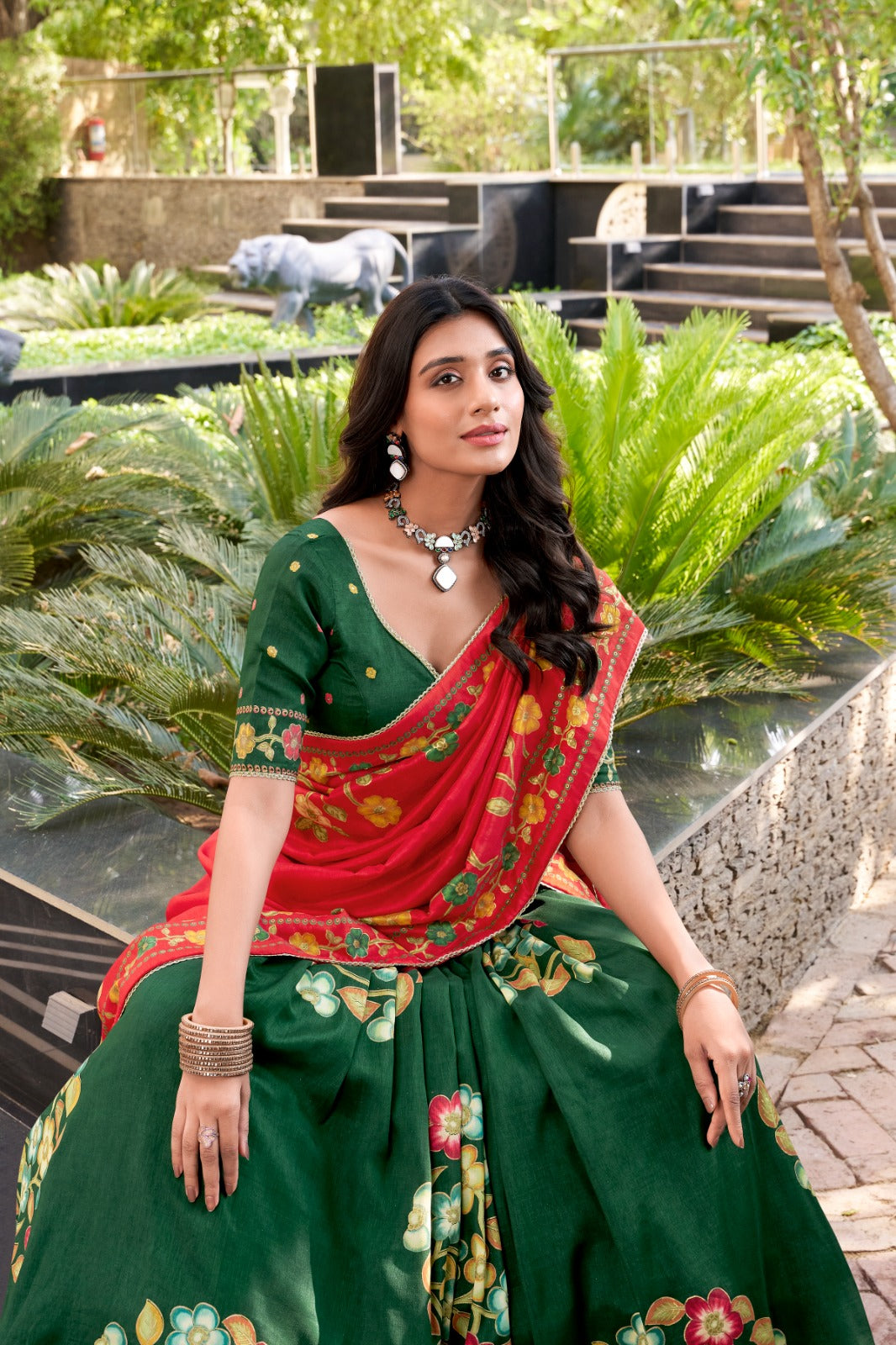 Green Color Printed And Foil Work Tussar Silk Lehenga Choli