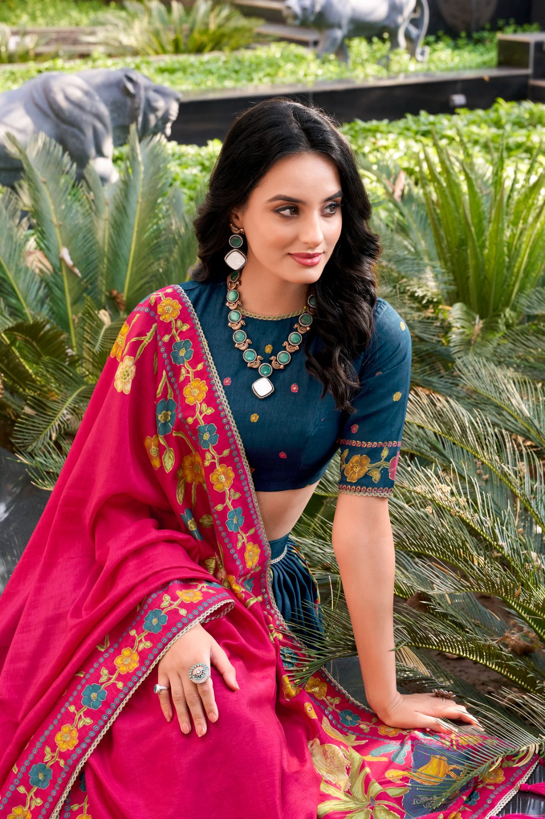 Peacock Blue Color Printed And Foil Work Tussar Silk Lehenga Choli