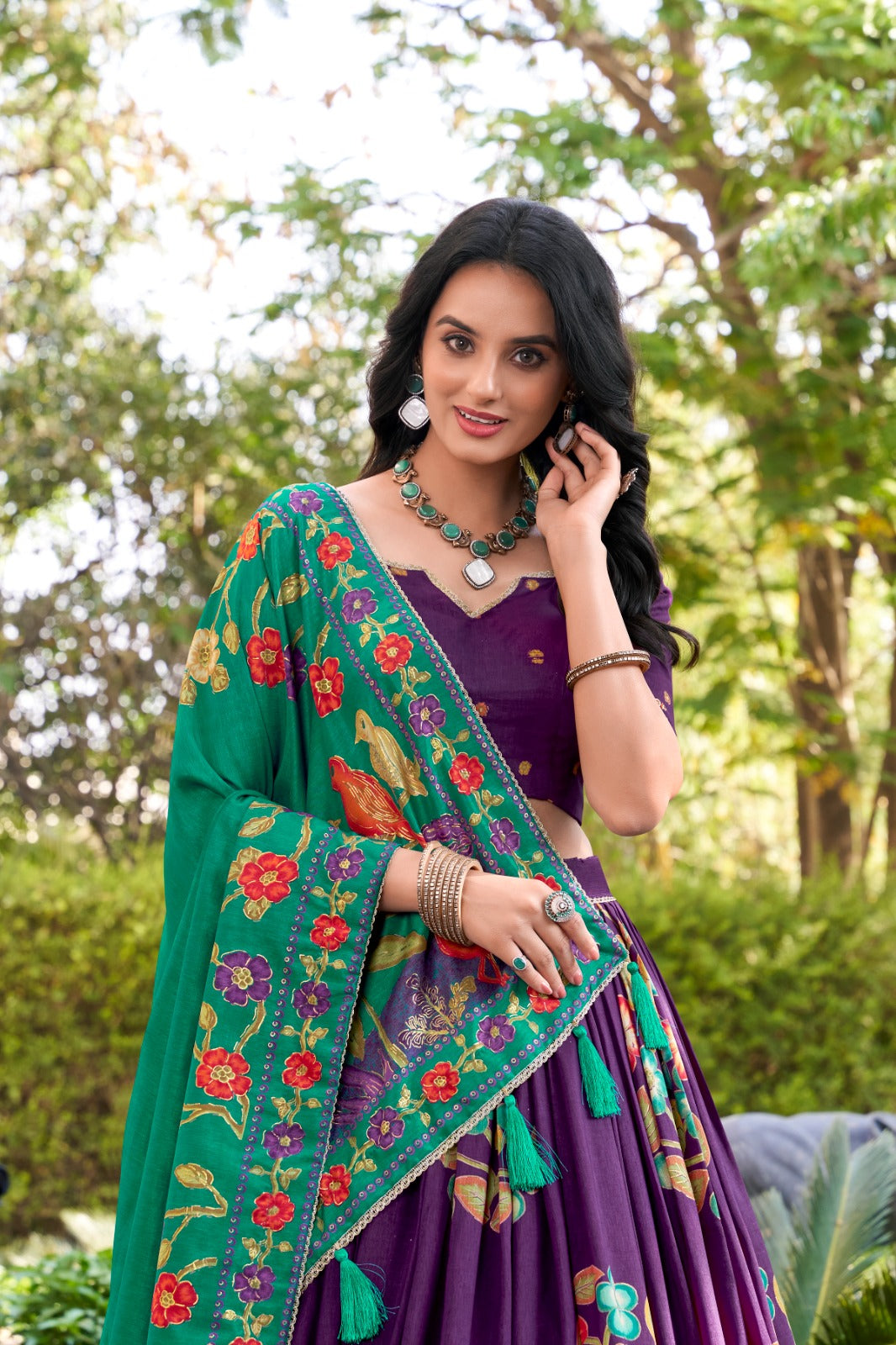Purple Color Printed And Foil Work Tussar Silk Lehenga Choli