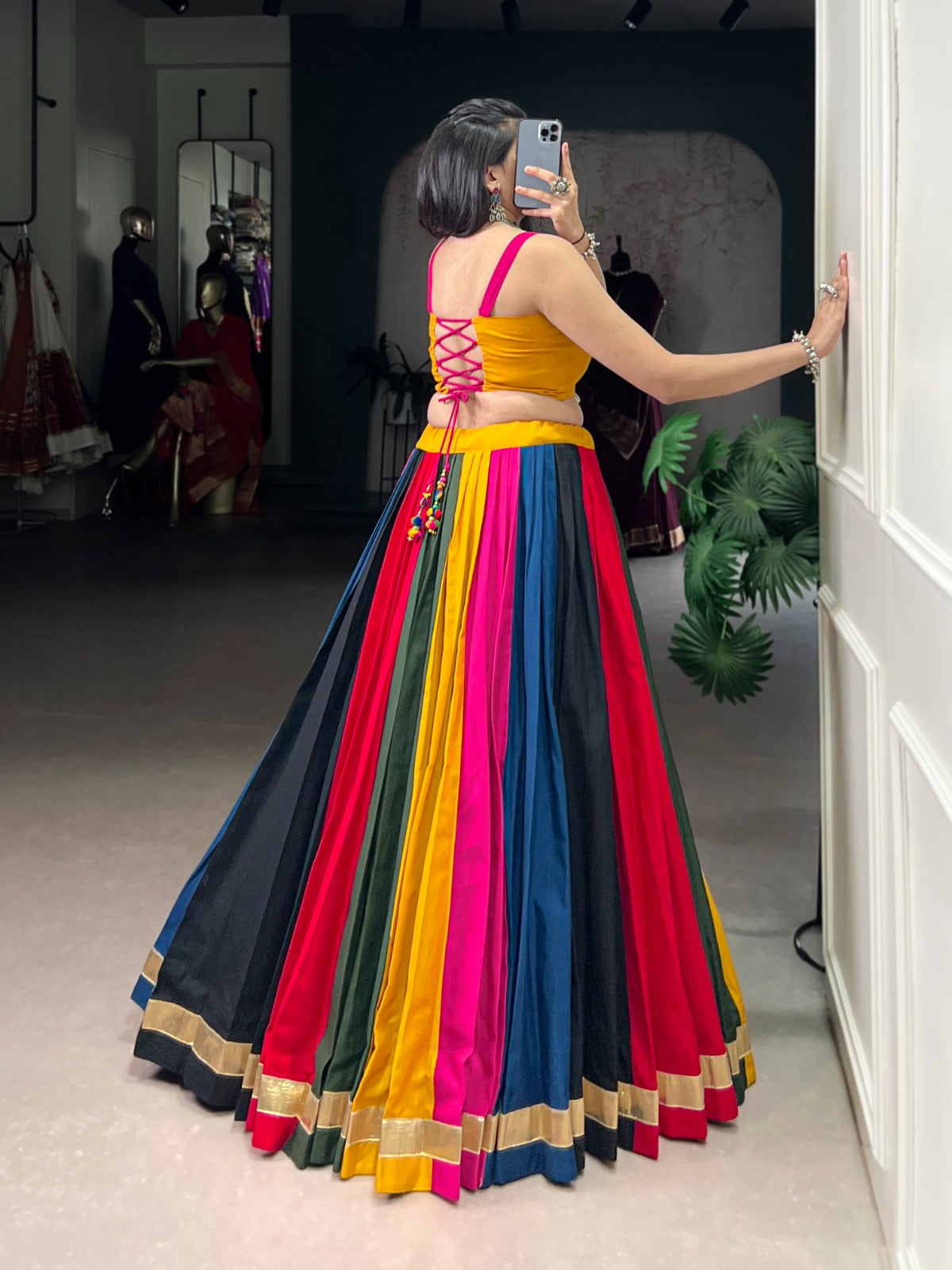 Multi Color Embossed Lace Design Cotton Lehenga Choli