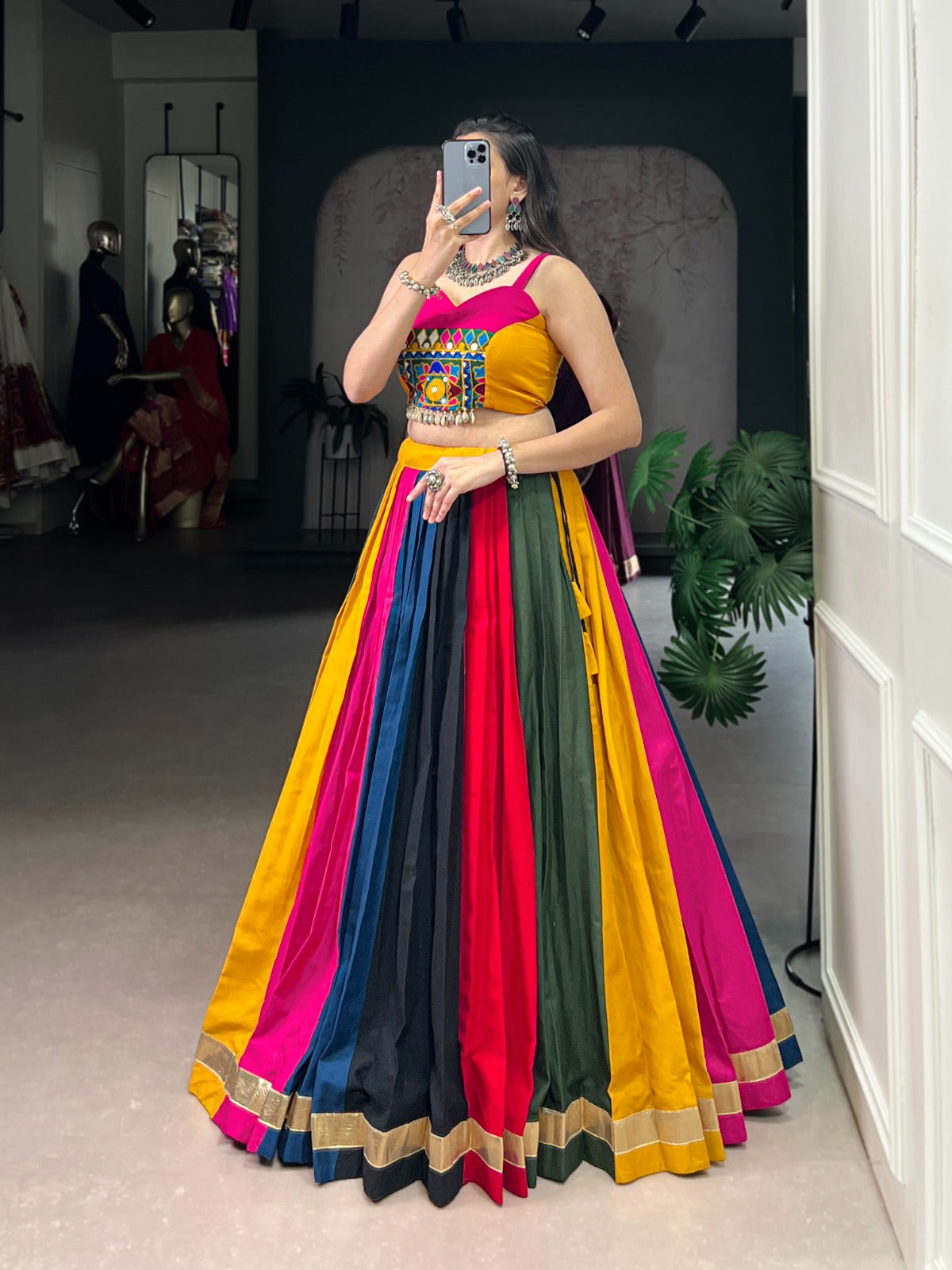Multi Color Embossed Lace Design Cotton Lehenga Choli