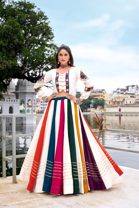White Color Gota Patti Lace Border Rayon Co-ord Set Chaniya Choli