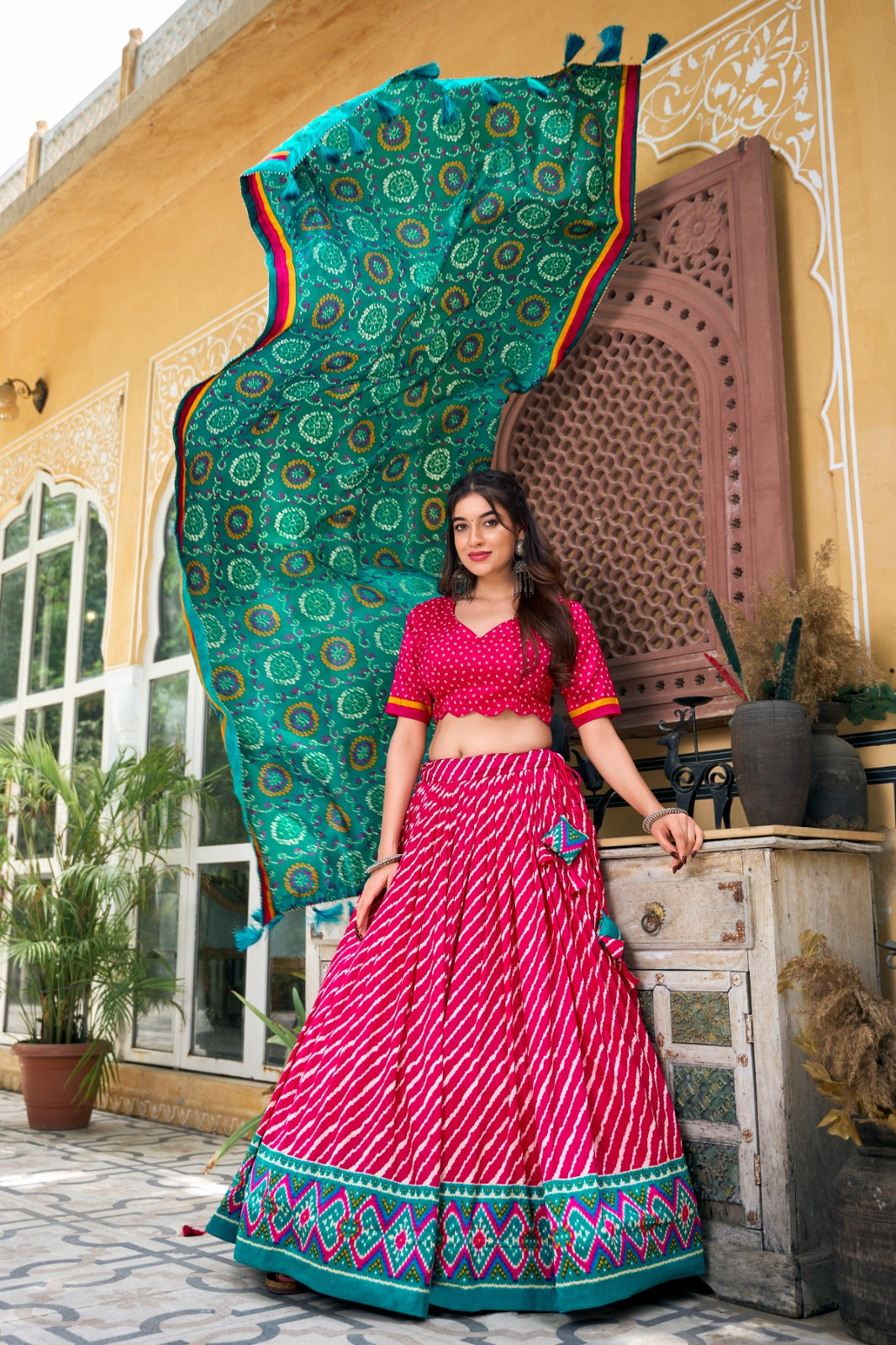 Pink Color Leheriya With Patola Print Tussar Silk Lehenga Choli