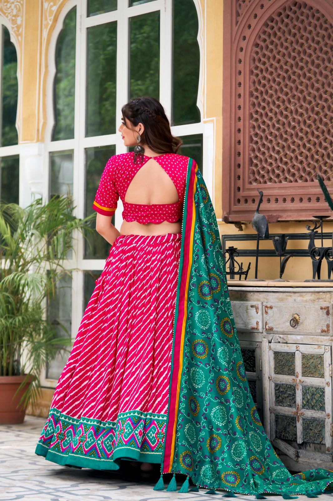 Pink Color Leheriya With Patola Print Tussar Silk Lehenga Choli