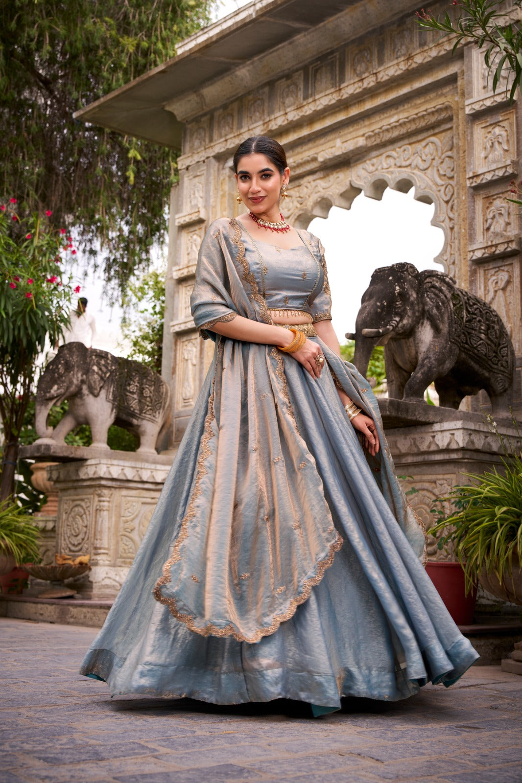 Sky Blue Color Sequins And Thread Embroidery Work Belt Fendi Lehenga Choli