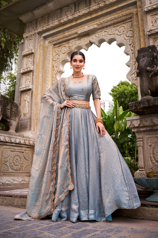 Sky Blue Color Sequins And Thread Embroidery Work Belt Fendi Lehenga Choli