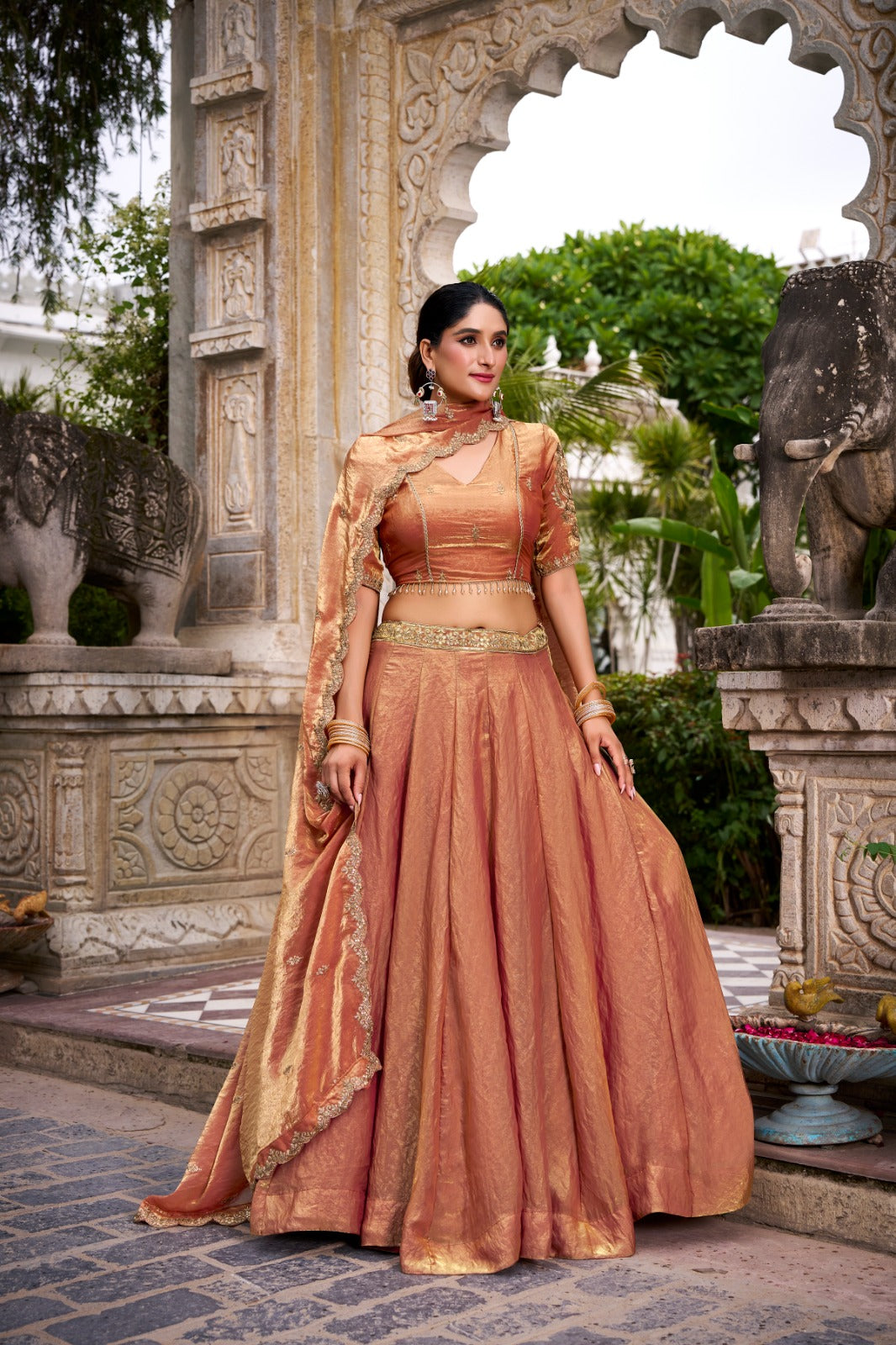 Rust Orange Color Sequins And Thread Embroidery Work Belt Fendi Lehenga Choli