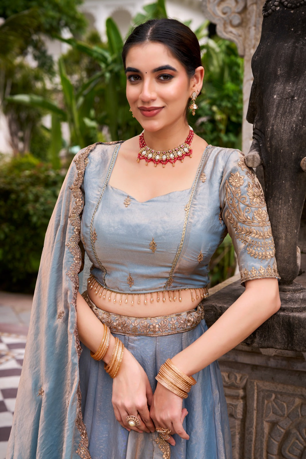 Sky Blue Color Sequins And Thread Embroidery Work Belt Fendi Lehenga Choli