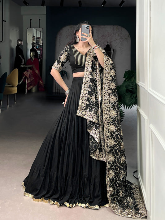 Black Color Embossed Design Lace Border Rayon Ghaghra Choli