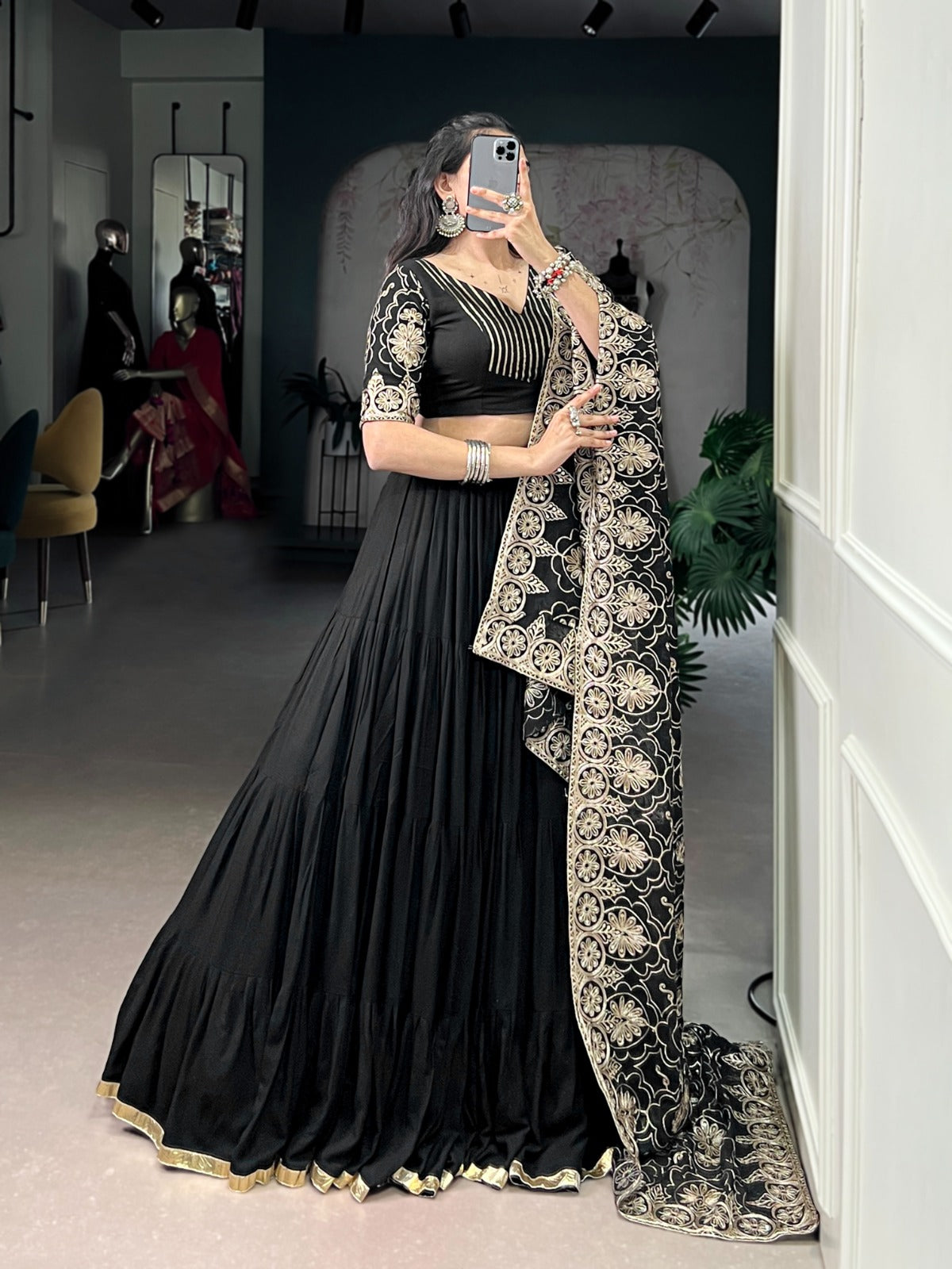 Black Color Embossed Design Lace Border Rayon Ghaghra Choli