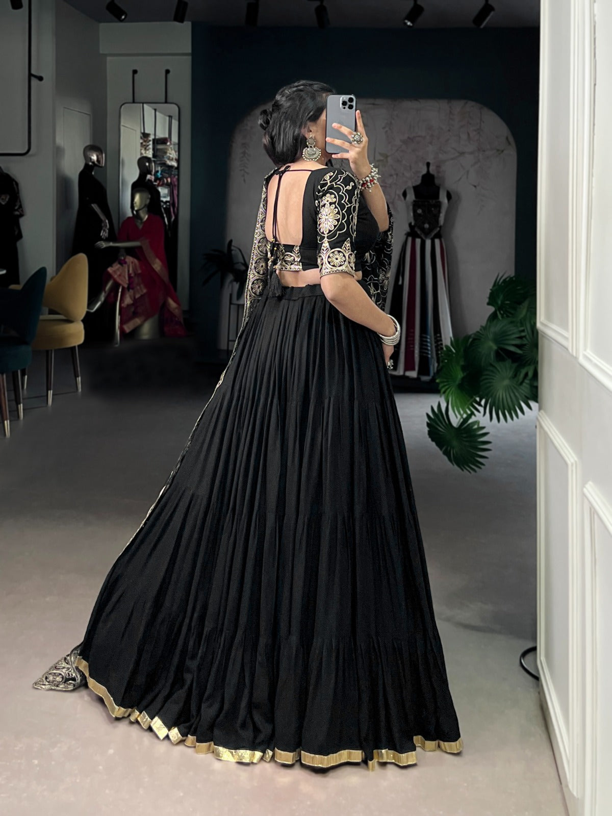 Black Color Embossed Design Lace Border Rayon Ghaghra Choli