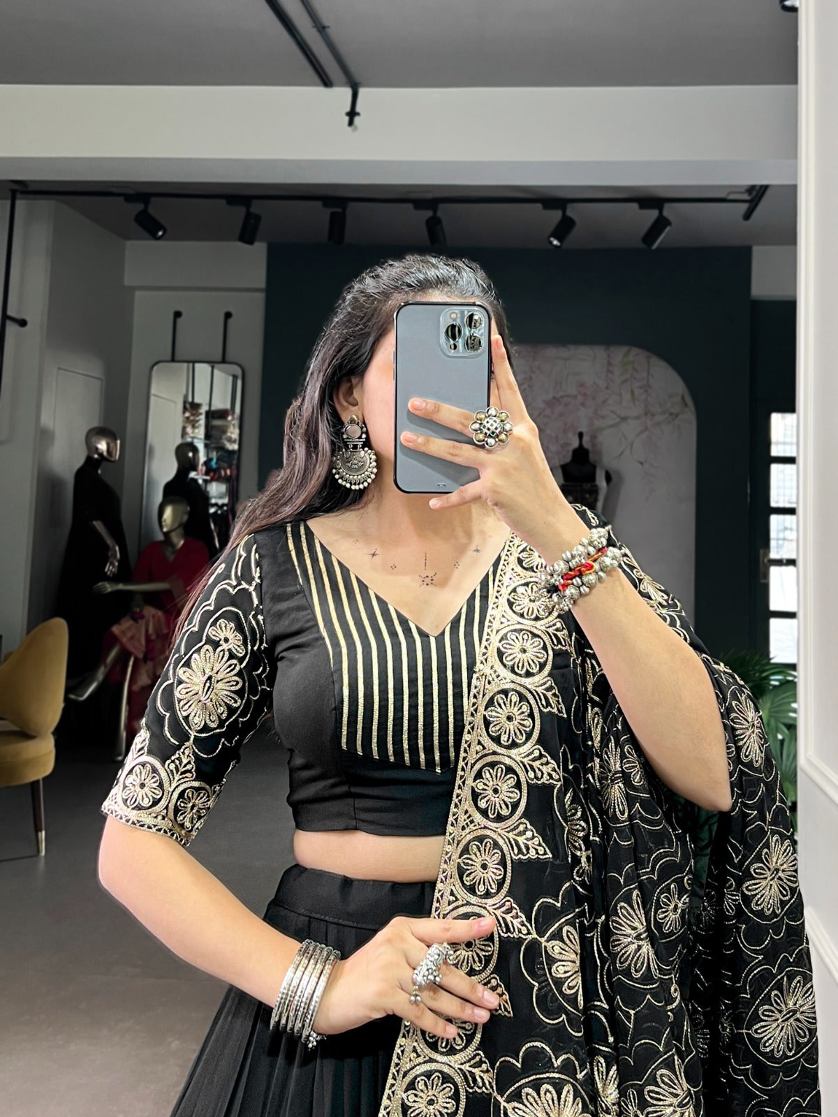 Black Color Embossed Design Lace Border Rayon Ghaghra Choli