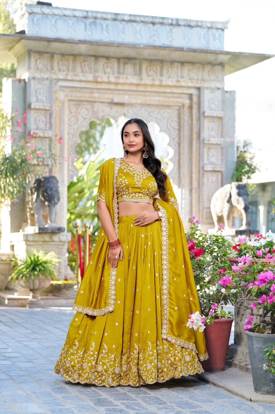 Mustard Color Sequins And Thread Embroidery Work With Vichitra Silk Lehenga Choli