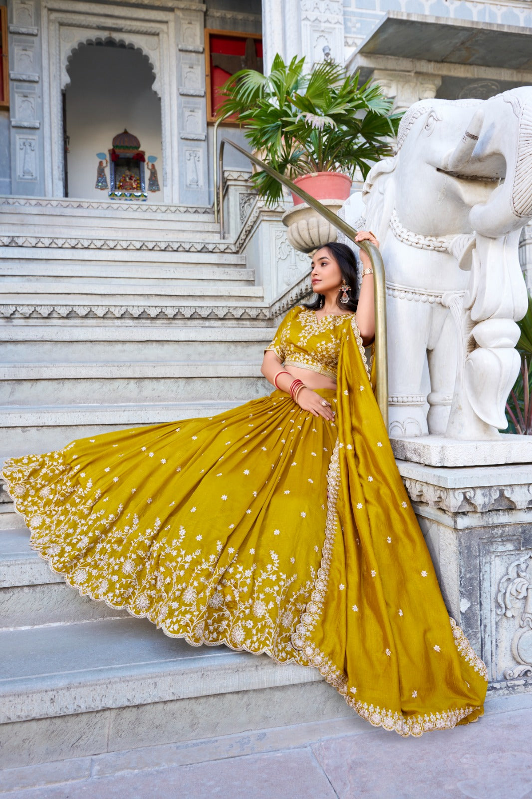 Mustard Color Sequins And Thread Embroidery Work With Vichitra Silk Lehenga Choli