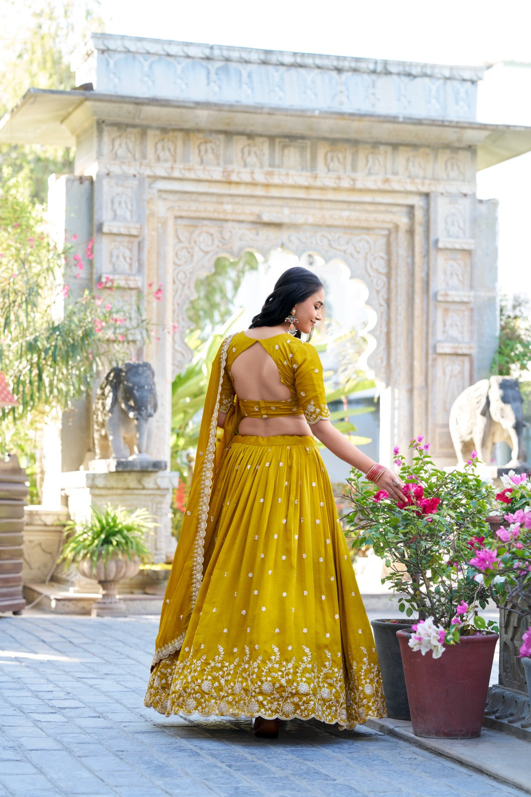 Mustard Color Sequins And Thread Embroidery Work With Vichitra Silk Lehenga Choli