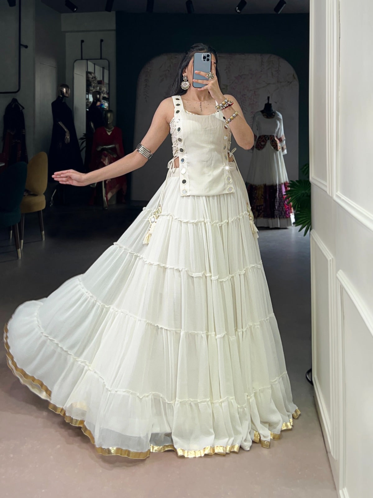 White Color Embossed Design Lace Border Marbal Chaniya Choli