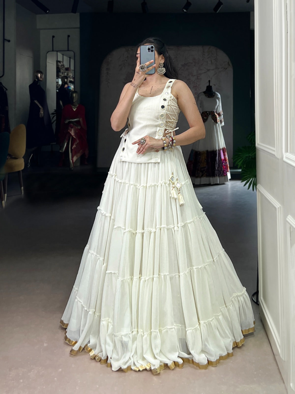 White Color Embossed Design Lace Border Marbal Chaniya Choli